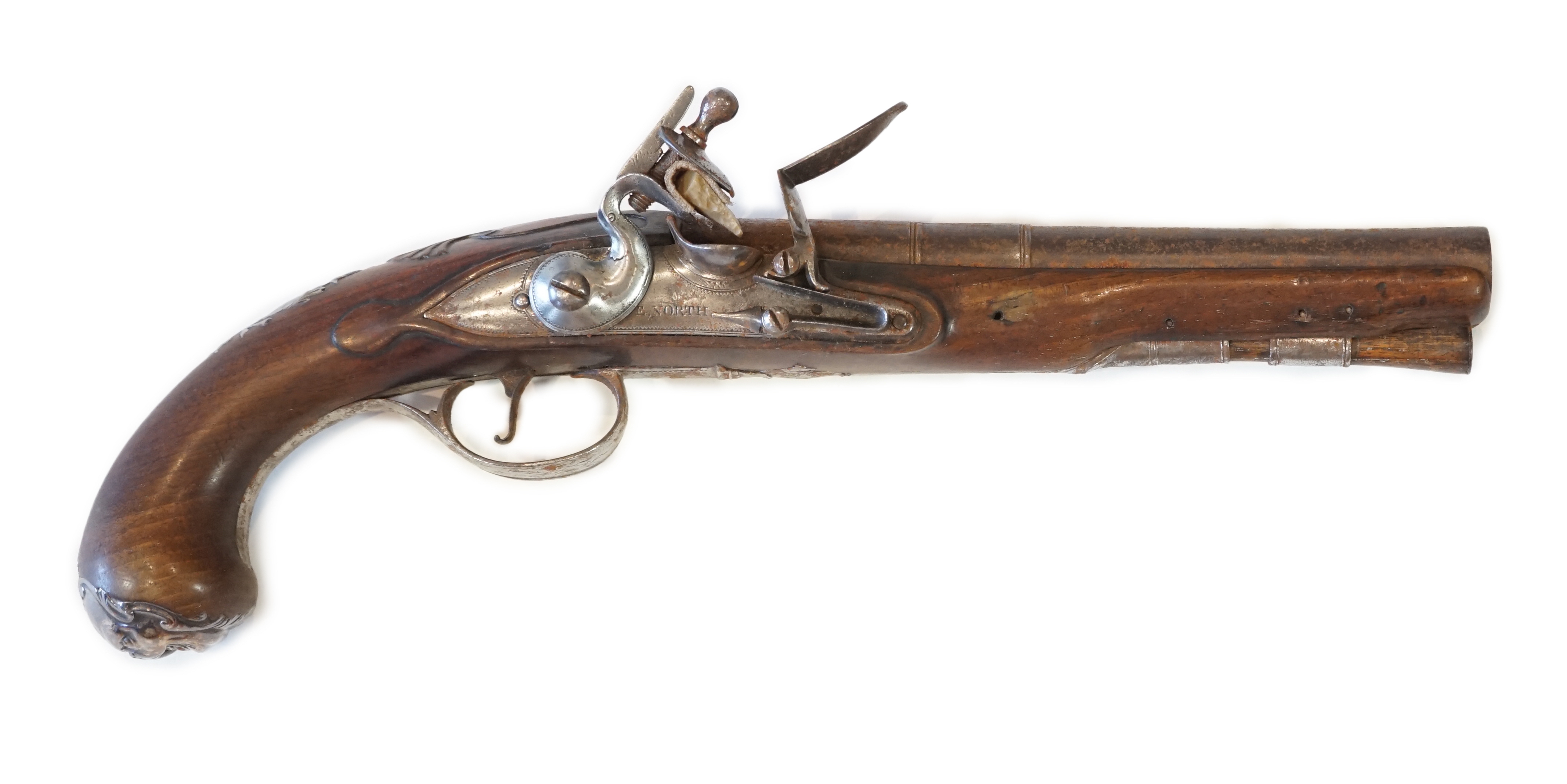 A partly silver mounted flintlock holster pistol by E. North of London, c.1760